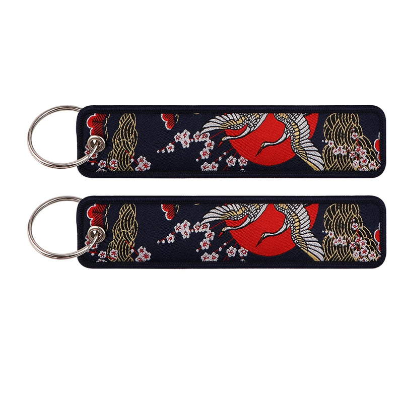 "Crimson Sun Crane" Embroidered Keychain